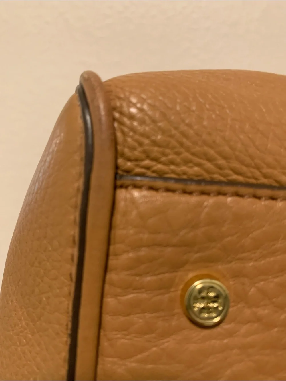 Tory Burch Robinson Camel Brown Pebbled Leather Satchel with Gold Logo
